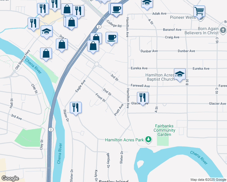 map of restaurants, bars, coffee shops, grocery stores, and more near 604 2nd Street in Fairbanks