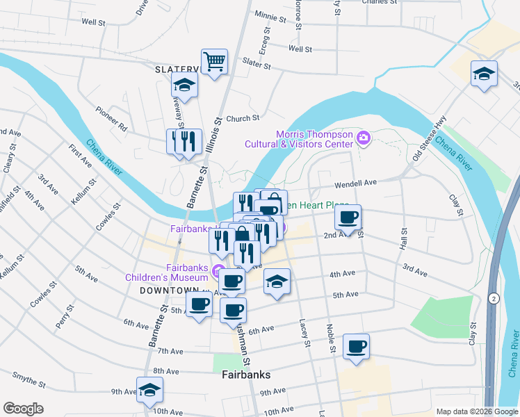map of restaurants, bars, coffee shops, grocery stores, and more near 516 1st Avenue in Fairbanks