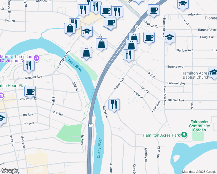 map of restaurants, bars, coffee shops, grocery stores, and more near 77 Slater Drive in Fairbanks