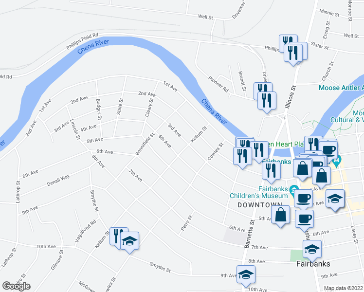 map of restaurants, bars, coffee shops, grocery stores, and more near 300 Kellum Street in Fairbanks