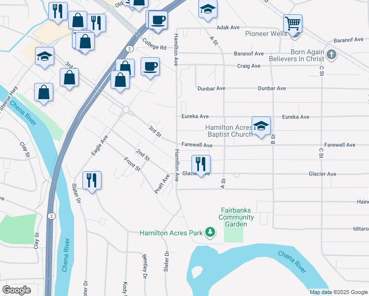 map of restaurants, bars, coffee shops, grocery stores, and more near 15 Farewell Avenue in Fairbanks