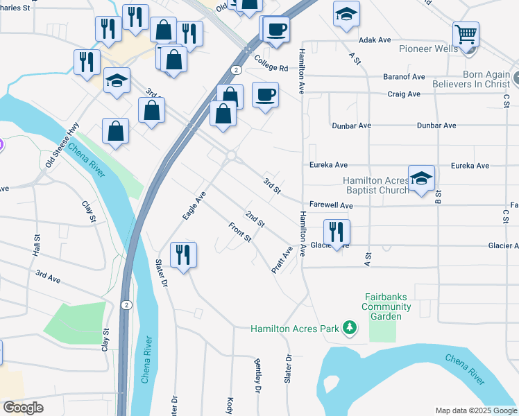 map of restaurants, bars, coffee shops, grocery stores, and more near 548 2nd Street in Fairbanks