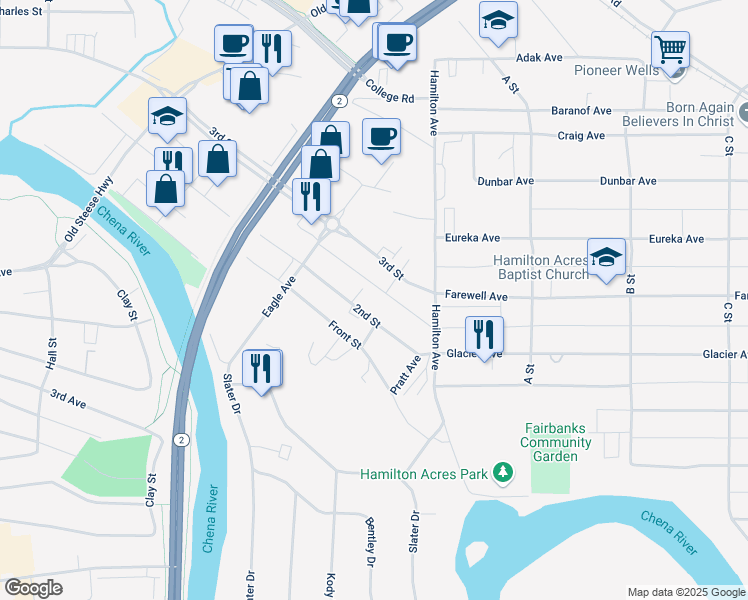 map of restaurants, bars, coffee shops, grocery stores, and more near 551 3rd Street in Fairbanks