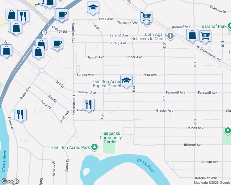 map of restaurants, bars, coffee shops, grocery stores, and more near 112 Farewell Avenue in Fairbanks