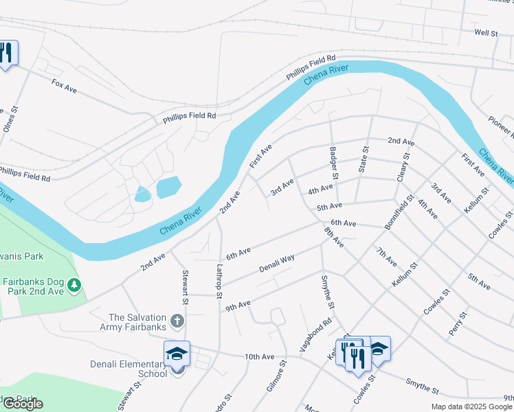map of restaurants, bars, coffee shops, grocery stores, and more near 1651 2nd Avenue in Fairbanks