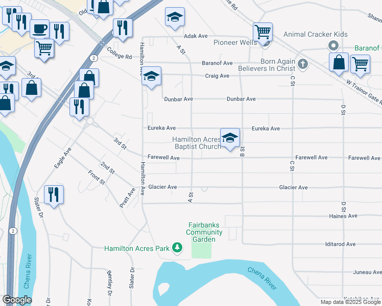 map of restaurants, bars, coffee shops, grocery stores, and more near 94 Farewell Avenue in Fairbanks