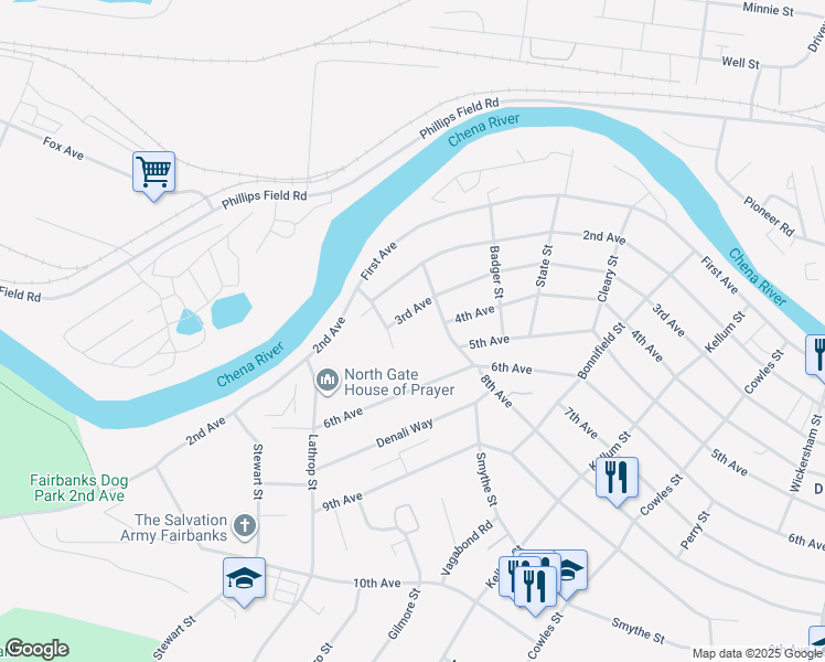 map of restaurants, bars, coffee shops, grocery stores, and more near 1515 3rd Avenue in Fairbanks