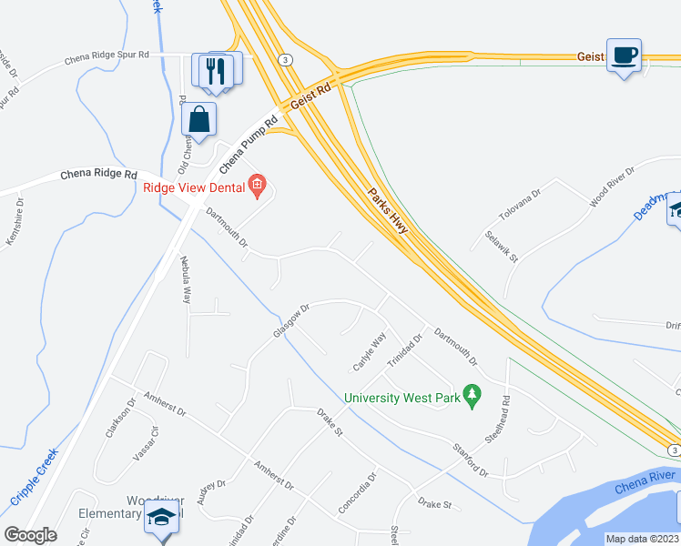 map of restaurants, bars, coffee shops, grocery stores, and more near 4921 Dartmouth Drive in Fairbanks