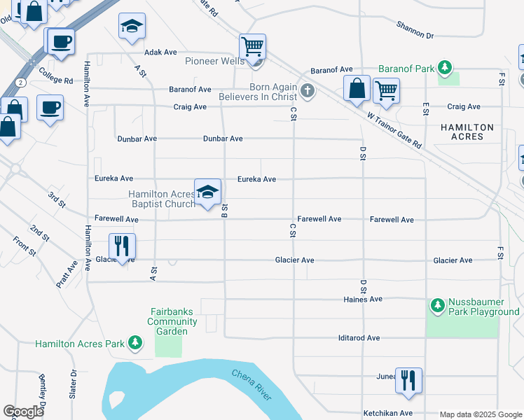 map of restaurants, bars, coffee shops, grocery stores, and more near 224 Farewell Avenue in Fairbanks