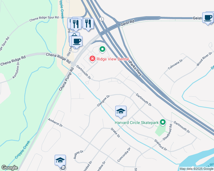 map of restaurants, bars, coffee shops, grocery stores, and more near 4953 Dartmouth Drive in Fairbanks