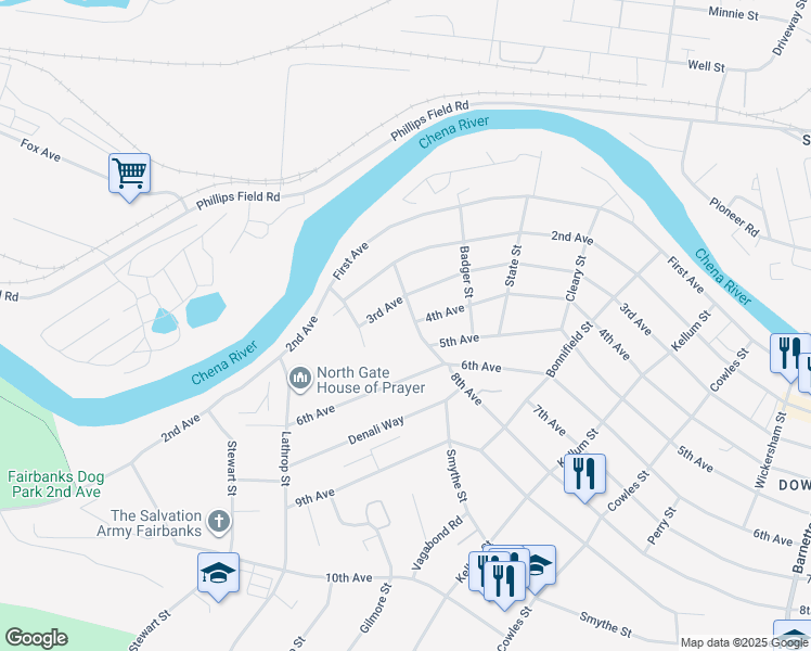 map of restaurants, bars, coffee shops, grocery stores, and more near 1500 4th Avenue in Fairbanks
