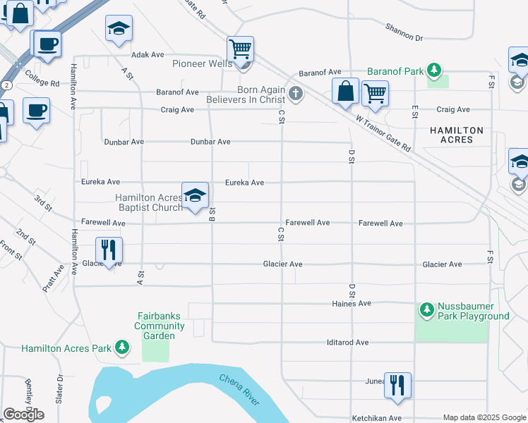 map of restaurants, bars, coffee shops, grocery stores, and more near 230 Farewell Avenue in Fairbanks