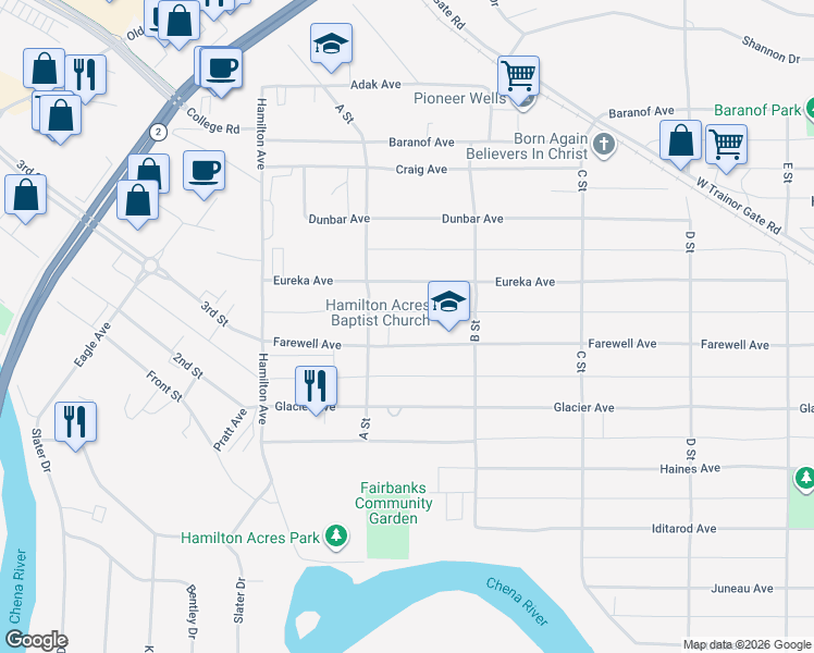 map of restaurants, bars, coffee shops, grocery stores, and more near 112 Farewell Ave in Fairbanks