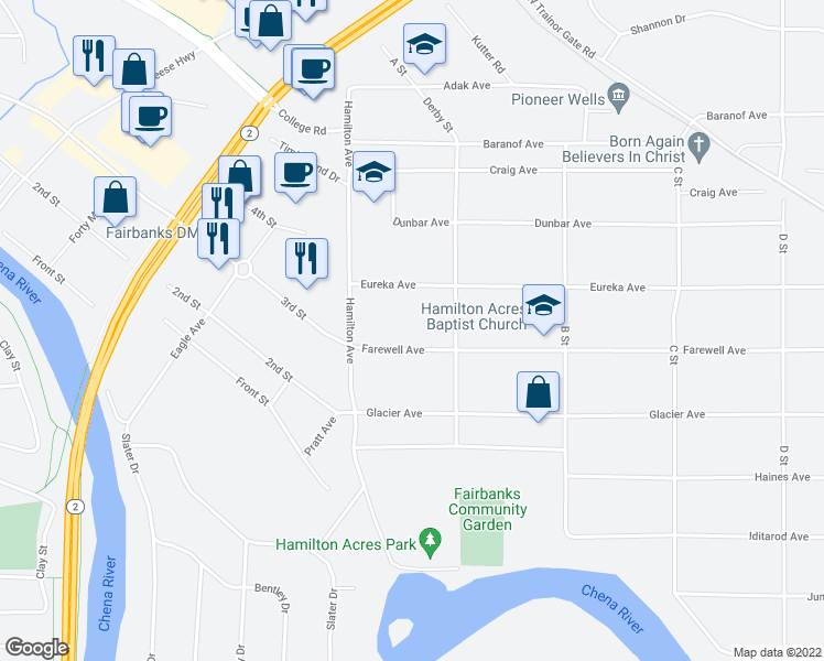 map of restaurants, bars, coffee shops, grocery stores, and more near 48 Farewell Ave in Fairbanks
