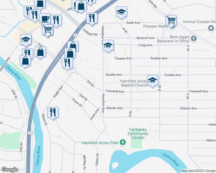 map of restaurants, bars, coffee shops, grocery stores, and more near 16 Farewell Ave in Fairbanks