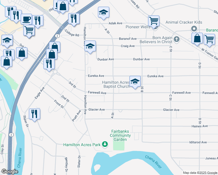 map of restaurants, bars, coffee shops, grocery stores, and more near 94 Farewell Avenue in Fairbanks