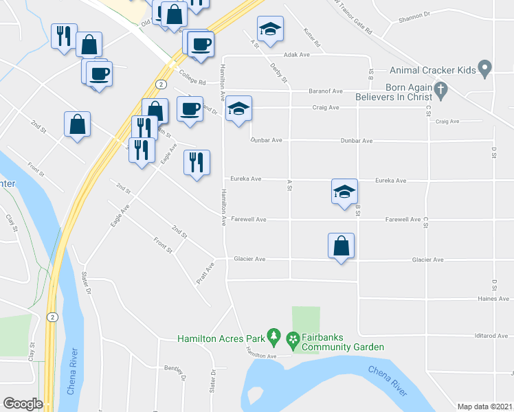 map of restaurants, bars, coffee shops, grocery stores, and more near 48 Farewell Avenue in Fairbanks