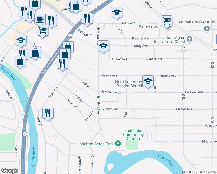 map of restaurants, bars, coffee shops, grocery stores, and more near 16 Farewell Avenue in Fairbanks