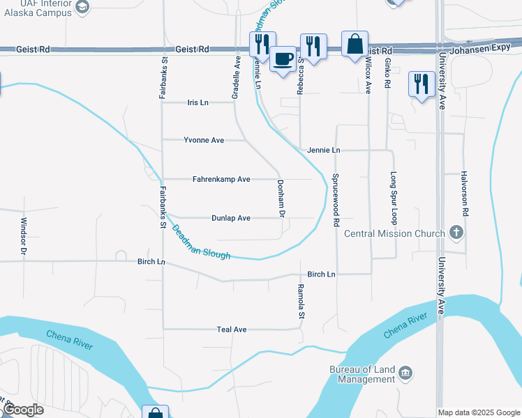 map of restaurants, bars, coffee shops, grocery stores, and more near 4006 Dunlap Avenue in Fairbanks
