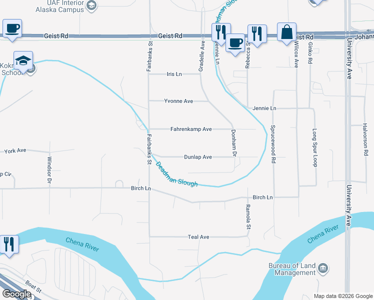 map of restaurants, bars, coffee shops, grocery stores, and more near 4048 Dunlap Ave in Fairbanks