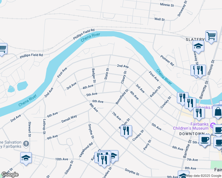 map of restaurants, bars, coffee shops, grocery stores, and more near 1220 5th Avenue in Fairbanks