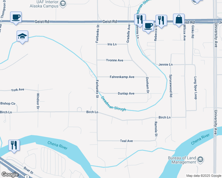 map of restaurants, bars, coffee shops, grocery stores, and more near 4080 Dunlap Avenue in Fairbanks