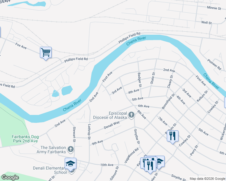 map of restaurants, bars, coffee shops, grocery stores, and more near 1515 3rd Avenue in Fairbanks