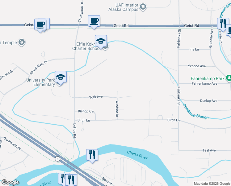 map of restaurants, bars, coffee shops, grocery stores, and more near 4214 York Avenue in Fairbanks