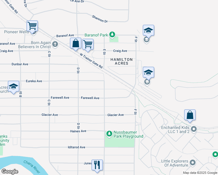 map of restaurants, bars, coffee shops, grocery stores, and more near 502 Farewell Avenue in Fairbanks