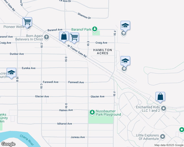 map of restaurants, bars, coffee shops, grocery stores, and more near 502 Farewell Avenue in Fairbanks