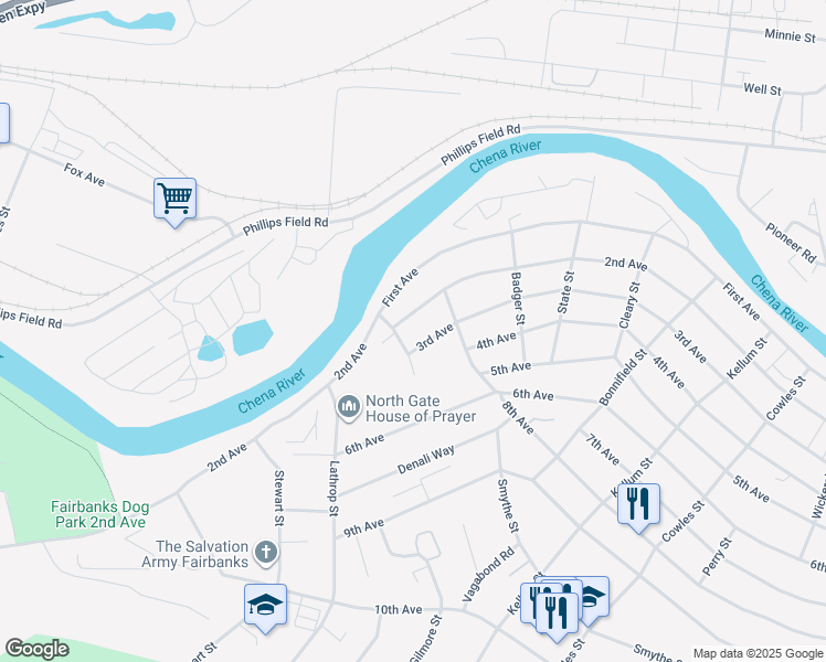 map of restaurants, bars, coffee shops, grocery stores, and more near 1515 3rd Avenue in Fairbanks