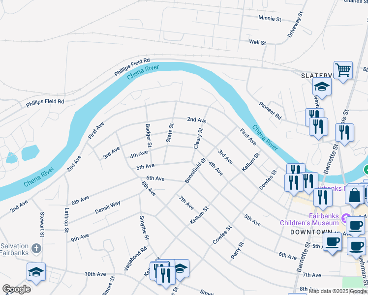 map of restaurants, bars, coffee shops, grocery stores, and more near 1220 5th Avenue in Fairbanks
