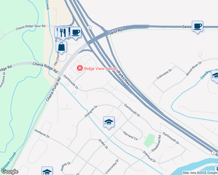 map of restaurants, bars, coffee shops, grocery stores, and more near 225 Woodridge Street in Fairbanks