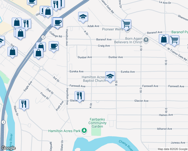 map of restaurants, bars, coffee shops, grocery stores, and more near 112 Farewell Avenue in Fairbanks