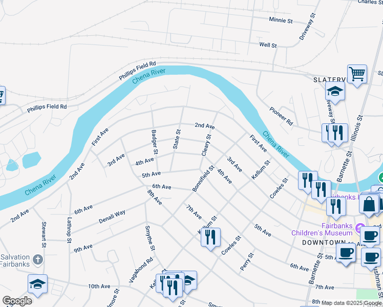 map of restaurants, bars, coffee shops, grocery stores, and more near 1220 5th Avenue in Fairbanks