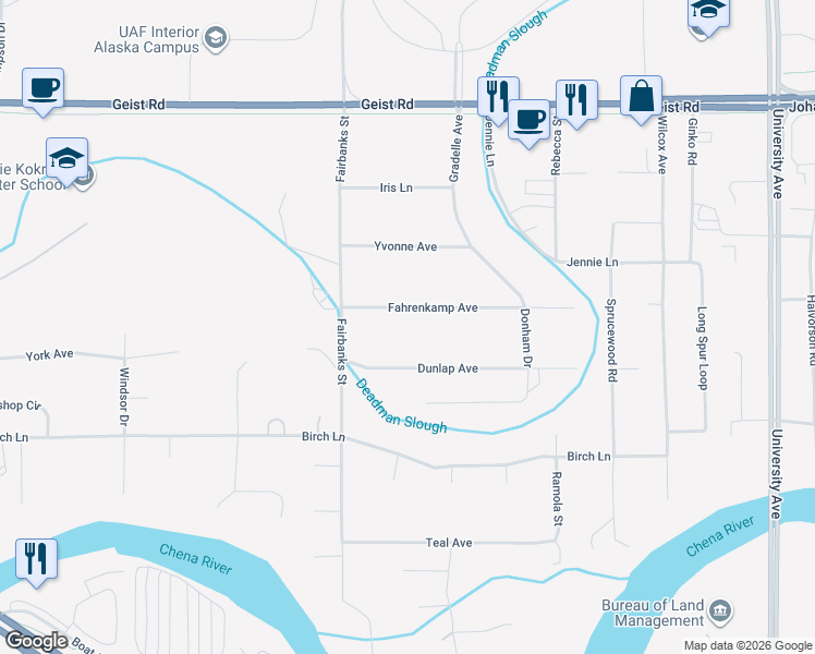 map of restaurants, bars, coffee shops, grocery stores, and more near 4048 Dunlap Avenue in Fairbanks