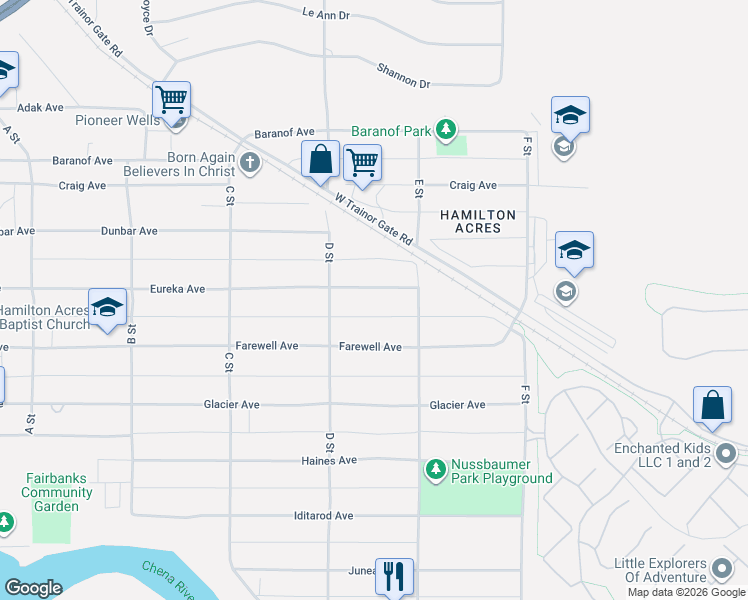 map of restaurants, bars, coffee shops, grocery stores, and more near 416 Farewell Avenue in Fairbanks