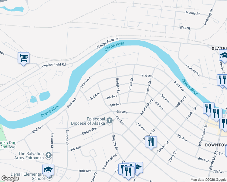 map of restaurants, bars, coffee shops, grocery stores, and more near 1415 4th Avenue in Fairbanks