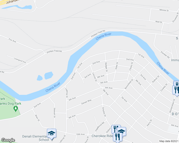 map of restaurants, bars, coffee shops, grocery stores, and more near 1515 3rd Avenue in Fairbanks