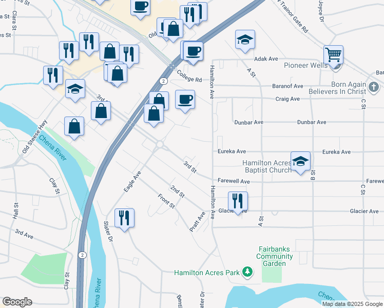 map of restaurants, bars, coffee shops, grocery stores, and more near 551 3rd Street in Fairbanks