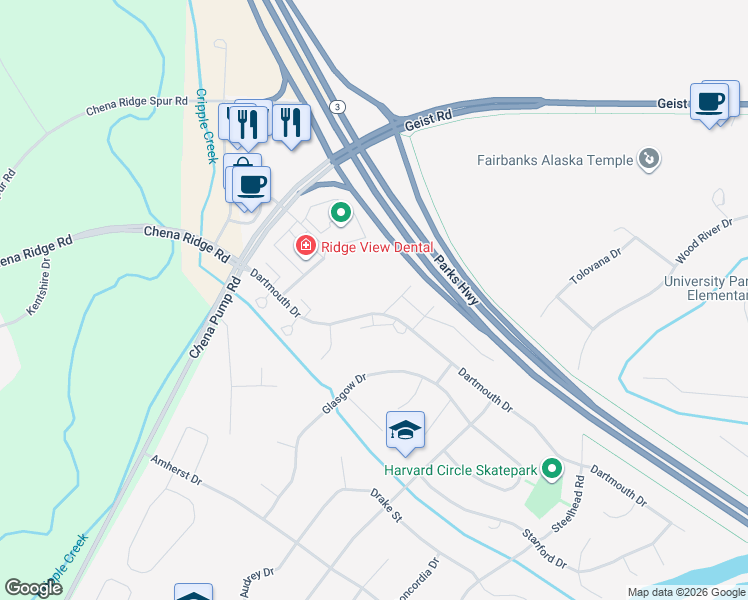map of restaurants, bars, coffee shops, grocery stores, and more near 4953 Dartmouth Drive in Fairbanks