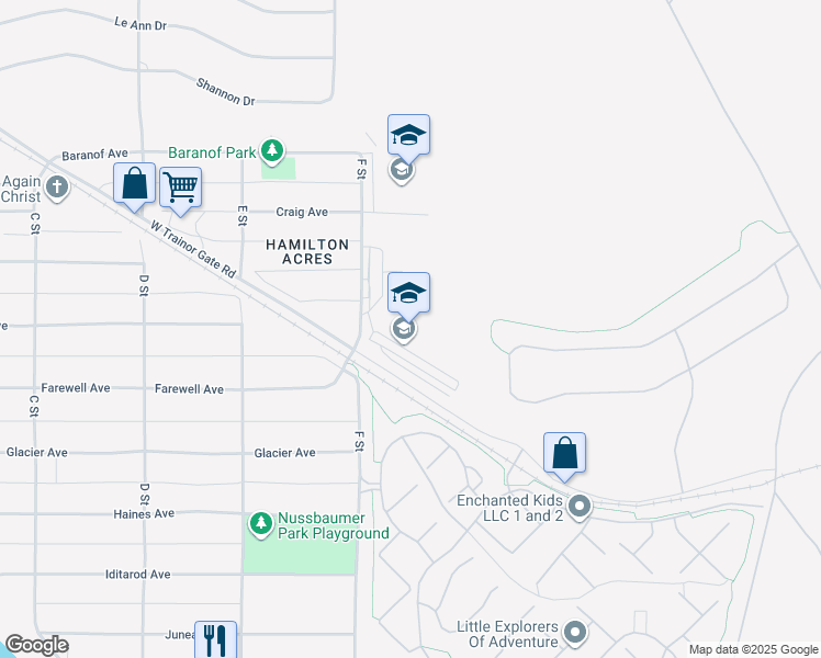 map of restaurants, bars, coffee shops, grocery stores, and more near 600 Trainor Gate Road in Fairbanks