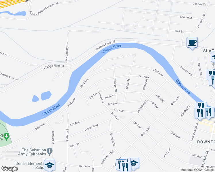 map of restaurants, bars, coffee shops, grocery stores, and more near 1420 3rd Avenue in Fairbanks