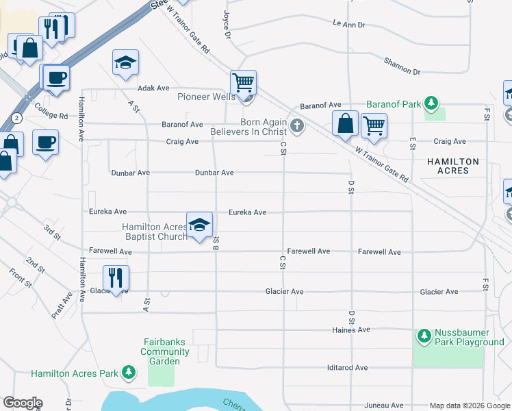 map of restaurants, bars, coffee shops, grocery stores, and more near 221 Dunbar Avenue in Fairbanks