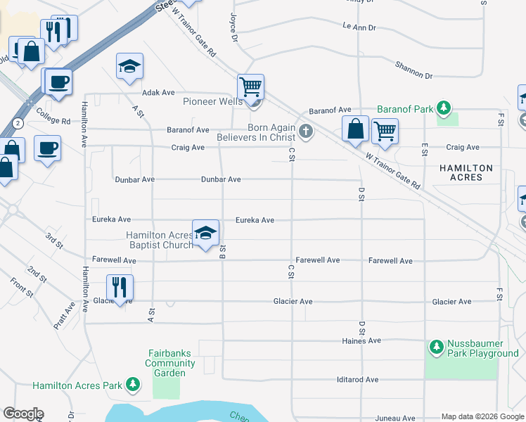 map of restaurants, bars, coffee shops, grocery stores, and more near 221 Dunbar Avenue in Fairbanks