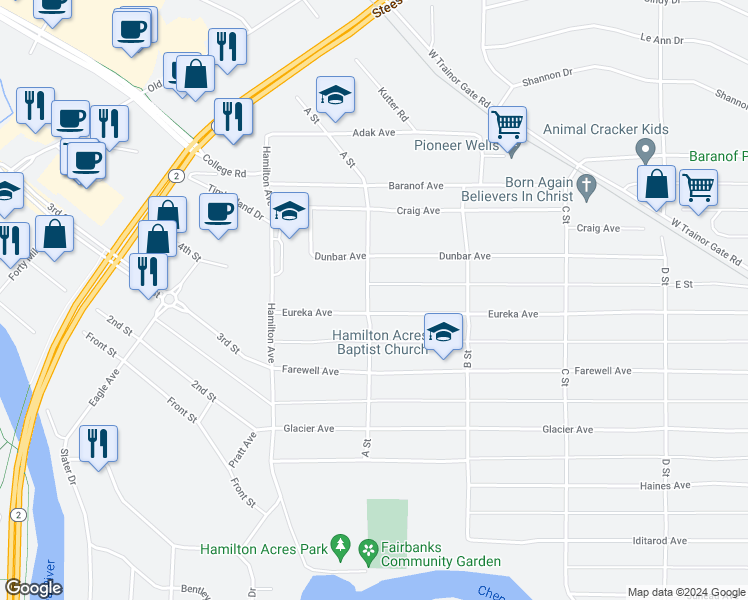 map of restaurants, bars, coffee shops, grocery stores, and more near 411 A Street in Fairbanks