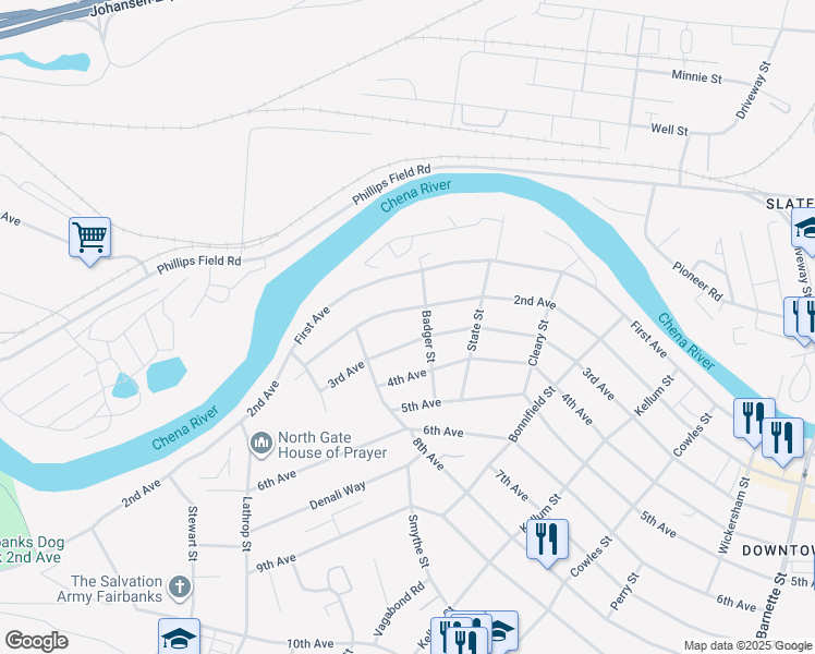 map of restaurants, bars, coffee shops, grocery stores, and more near 104 Badger Street in Fairbanks