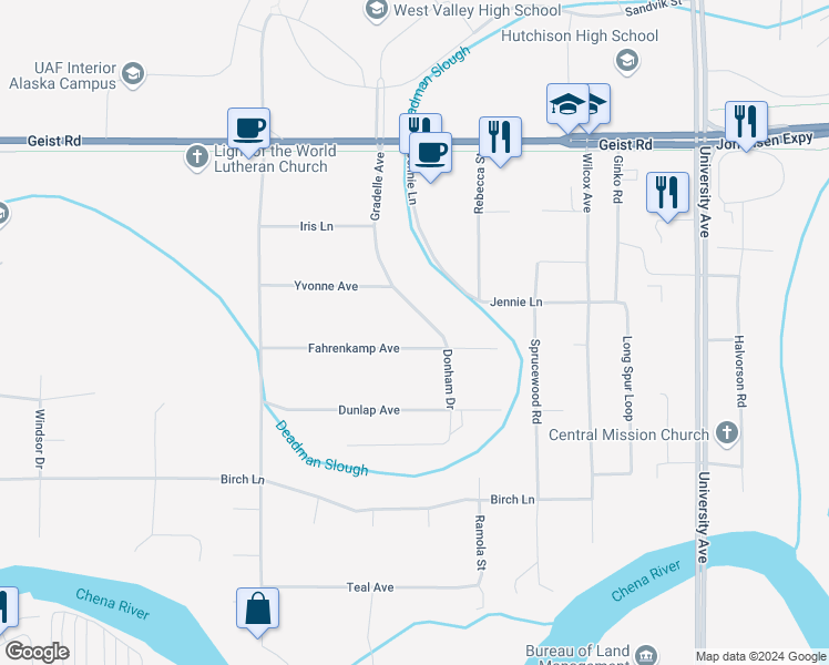 map of restaurants, bars, coffee shops, grocery stores, and more near 4008 Fahrenkamp Avenue in Fairbanks