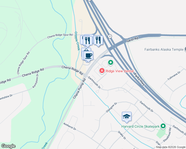 map of restaurants, bars, coffee shops, grocery stores, and more near 570 Alaska 3 in Fairbanks