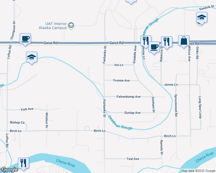 map of restaurants, bars, coffee shops, grocery stores, and more near 643 Fairbanks Street in Fairbanks